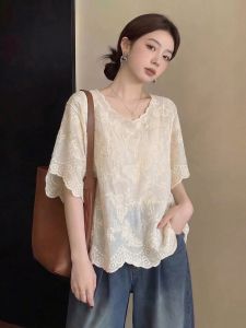 Moxueer | Lace V-Neck Short Sleeve Large Size Loose Shirt