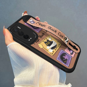 Realme GT Master Exploration Edition Phone Case with Wristband Black Cat Diary Full Cover Silicone Soft Shell for Women New Model GTNeo5/6SE GT8