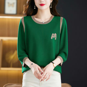 Plus Size Ladies Spring & Fall Plus Size Ice Silk Sweater Womens 3/4 Sleeve plus Size Oversized Sweater Outwear Ladieswear Mulberry Silk Top