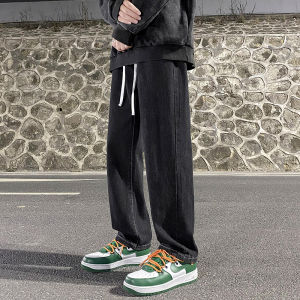 กางเกงยีนส์ทรงหลวมเอวยางยืดสำหรับผู้ชาย ทรงตรง กางเกงขายาวทรงหลวมสบาย ๆ ทรงหลวม ทรงขากระบอกเล็ก กางเกงขายาวทรงหลวม