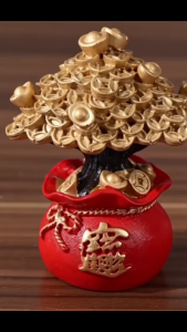 Golden Resin Money Tree in Lucky Red Bag - Feng Shui Wealth Decor for Home Office Car Golden Tree in Red Wealth Bag