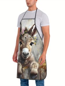 1-Piece [Rural Donkey Fun] Watercolor Floral Animal Apron Durable & Washable Universal Home Kitchen Work Cover-Up
