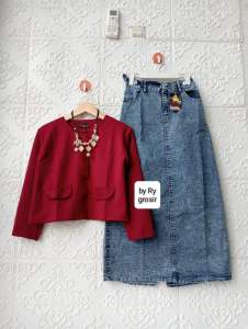 Setelan Wanita Blazer Polos Kancing Rok Span jeans