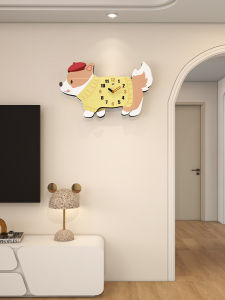Creative Dog Wall Clock 2025 New Style Cartoon Corgi Living Room Hanging Clock Creamy Style Wooden Material Battery Powered