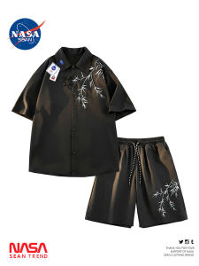 Wassup Panda New Chinese Style Bamboo Embroidery Mens Summer Ice Sensation Short Shirt Shorts Two-Piece Set Casual Sportswear