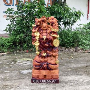 Tượng phật di lặc gánh đào ngũ phúc có nghê pu giả cổ giác vàng chất liệu gỗ hương