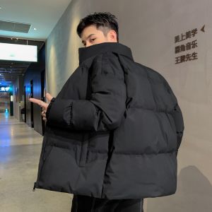 Mens Thickened down Cotton Jacket Pure Color Stand Collar Warmth Youth Fashion Standard Fit Polyester Lining Long Sleeve Coat