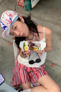 American Retro Star Stripe Patchwork Shorts Womens Summer New All-Match Loose High Waist Straight Leg Pants Casual Trousers