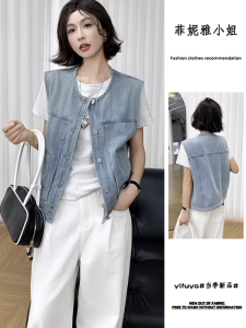 Fashionable Short Denim Vest Womens Spring Autumn Stylish Outerwear Sleeveless Jacket Layering Top Trendy round Neck Vest