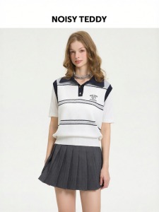 Summer New Style Striped Faux Two-Piece Short Sleeve POLO Ladies Knitwear