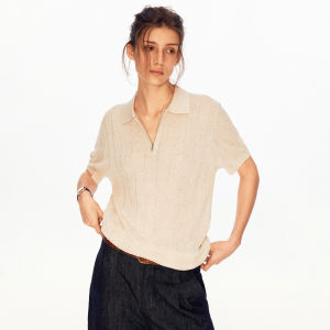 MADWITCH | Half-Zip Vertical Stripe Tencel Linen Blend Polo Shirt