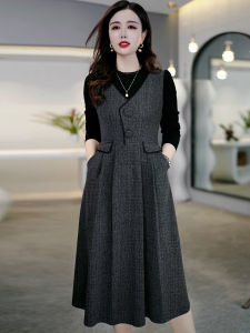 Elegant Womens Fake Two-Piece Dress Korean Style High Waist A-Line Midi Skirt Long Sleeve Spring Autumn Fashion Casual Wear