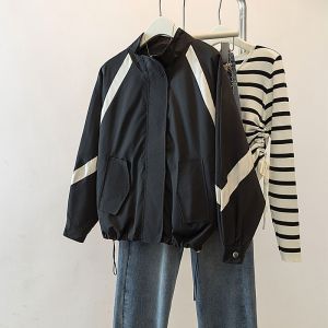Loose Sporty Womens Jacket plus Size Black White Windbreaker Outerwear Thin Style Casual Autumn New Arrival Slimming Effect