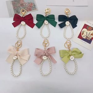Cute Pearl Chain Key Ring Ins Style Large Pearl Bow Keychain Pendant Ribbon Cloth Knot Accessories Bag Pendant