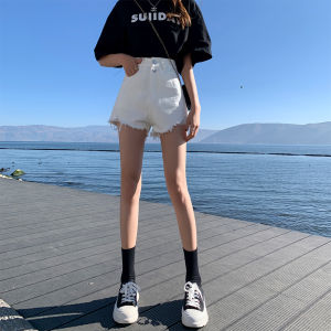 High Waist Slimming Denim Shorts Womens Summer Trendy A-Line Hole Thin Model Hot Pants Cotton Elastic Fabric Wide Leg Pants