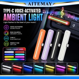 Aitemay Type-C Voice Activated Ambient Light USB Rhythm Lamp Music Sync LED Bar For Car Interior Gaming Desktop Phone Decor