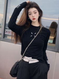 Black round Neck Printed Long Sleeve T-Shirt Womens Spring Autumn High Elastic Slim Fit Versatile Flattering Short Style Top
