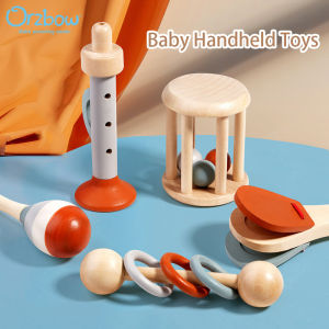 Orzbow 5 PCS Baby Handheld Bell Ringing Instrument Early Childhood Education Soothing Bed Bell Wooden Toy