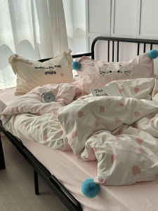 Korean Style Butterfly Knot Washed Cotton Bedding Set Cute Fluffy Cover Dormitory Bed Sheet Three Piece Set Soft Polyester Fabric