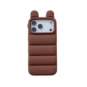 Áo Khoác Phao Tai Gấu 3D Ốp Lưng Silicon Chống Sốc Cho iPhone 18/17/16/15/14/13 Pro Max Mềm Mại Chống Xước Chống Bụi Màu Nâu
