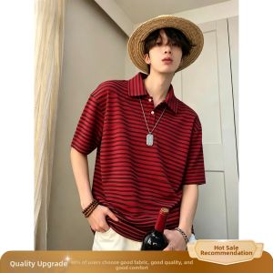 OUMULONG | Elegant Breathable Striped Polo T-shirt Short Sleeves