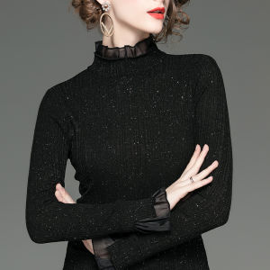 เสื้อยืดคอปกสูงแบบมีลูกไม้สำหรับผู้หญิง เสื้อเชิ้ตแขนยาวทรงสลิมฟิต ผ้าโพลีเอสเตอร์ผสมไนลอน แฟชั่นฤดูใบไม้ผลิ