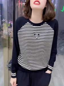 European Station Fall and Winter New Arrival Long Sleeves Bottoming Shirt Women round Neck Contrast Color Loose Western Style Knitted Sweater Inner Wear Blouse Women