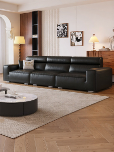 Black High-Back Mid-Century Modern Genuine Leather Living Room Sofa
