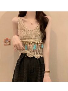 Bohemian Style Hollow out Short Sleeve Womens Vest Summer New Fashion Slimming Tassel Trim Top Cotton Blend Casual Wear