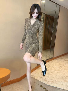 Shiny V-neck Wraparound Short Dress Womens Fashion Spring 2025 High Waist Long Sleeve Bright Sequins Cover up Bodycon Dress