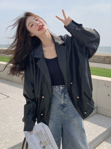 Black Hong Kong Style Retro Loose Cool PU Leather Jacket Womens Fashionable Autumn New Style Short Length Polo Collar Coat