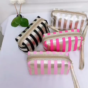 VS Gold Stripe Wristlet Clutch Cosmetic Pouch Bag (Elegant Black Fairy Pink Rose Pink Moonlight White)