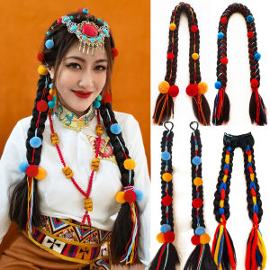 Colorful Tibetan Braid Wig Tibetan Style Braided Tail Tibetan Ethnic Wind Ball Fluffy Thick Braid Hair Extension for Women