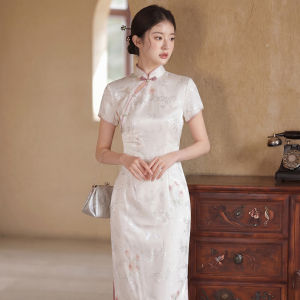 Elegant Slim Fit White High-end Modified Cheongsam Midi Dress