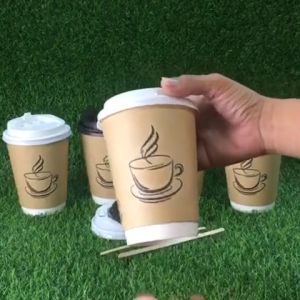 50PCS 8oz/12oz Double Wall Kraft Paper Cup with Printed Coffee Logo with Flip Lid with stirrer