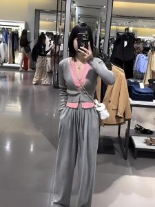 Spring Autumn Knitted Long Sleeve V-Neck Top High Waist Draped Wide Leg Pants Set Fashionable Color Block Two-Piece Cotton Suit