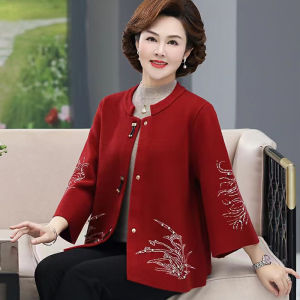 Red Wedding Mother Spring Autumn Outerwear Mid-aged And Elderly Womens Fashionable Woolen Coat with Bird And Flower Patterns