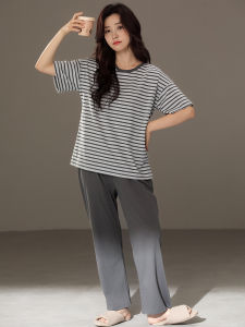 Summer Ladies Pure Cotton Sleepwear Short Sleeve Long Pants Thin Stripe Hooded Home Clothes Set Casual Comfortable Home Scene