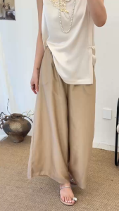 Neo Chinese Style Tencel Drape Loose Long Pants Elegant Oriental Office Daily Wear Khaki Size M