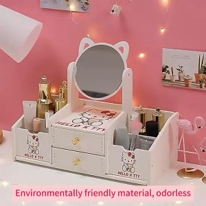 Makeup Mirror Organizer Makeup Sponge Cat Ear Mirror With Drawer Dressing Table Jewelry Cosmetics Storage Box Desktop Make Up Girl Room Decoration Drawer Cat Ear Mirror