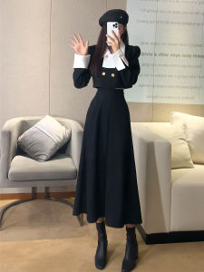 Elegant High Waist Long Sleeve Collared Womens Skirt Set Two-Piece Autumn Design Sense Color Block Double Button Fashionable