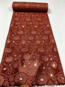 SKIG High-Quality Africa Nigerian Sequins Cotton Embroidery Lace Fabric Tulle 5 Yards for Wedding Party Dresses Chiffon AT3096