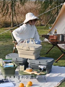 Folding Picnic Basket with Tabletop Lid Multi-functional Camping Storage Box