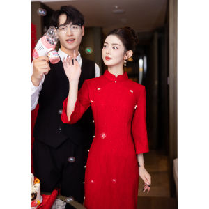 Wedding Cheongsam Engagement Red Fleece Long Sleeve Evening Gown Bridal Suit Korean Style Polyester Fiber mid Waist Dress