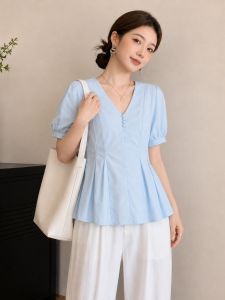 SHIMANQING | French Style Elegance Blue V-Neck Short Sleeve Shaping Shirt