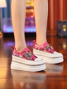 Shiny Sequin Magic Tape Slip-On Thick Heel Casual Shoes Womens Spring Summer New Style Comfortable Leather Fashion Loafers