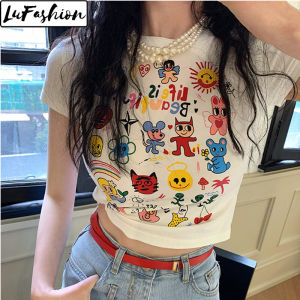 LuFashion Womens T-Shirts Summer Korean Style Cute Cartoon Print Slim Short Sleeve Casual Crop Tops