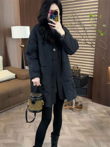 YUFUQING | Black Diamond Patterned Mid-Length Cotton Jacket Womens Winter Coat Large Size Single Button Polyester Fiber Long Sleeve