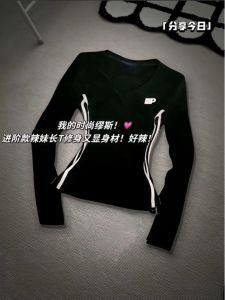 American Style Hot Girl Black V-Neck Long Sleeve Slim Fit T-Shirt Women Spring Autumn Base Layer Shirt Trendy Top Cotton Polyester Blend