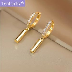 TenLucky Simple Style 925 Silver Needle 916 Gold Color Drop Earrings for Girl Women with Jewellery Box Birthday Gifts